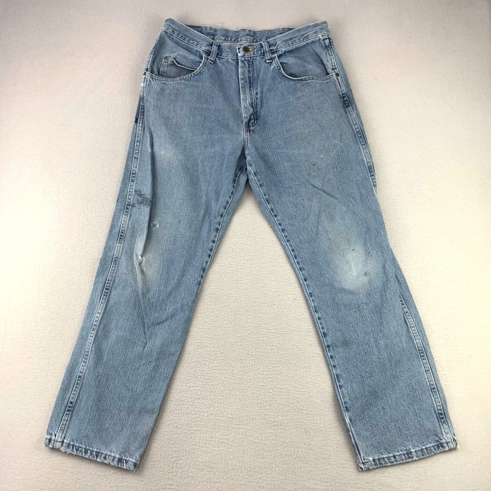 Thrashed Wrangler Jeans Mens 35x30 Blue‎ Straight Leg Distressed Denim Workwear